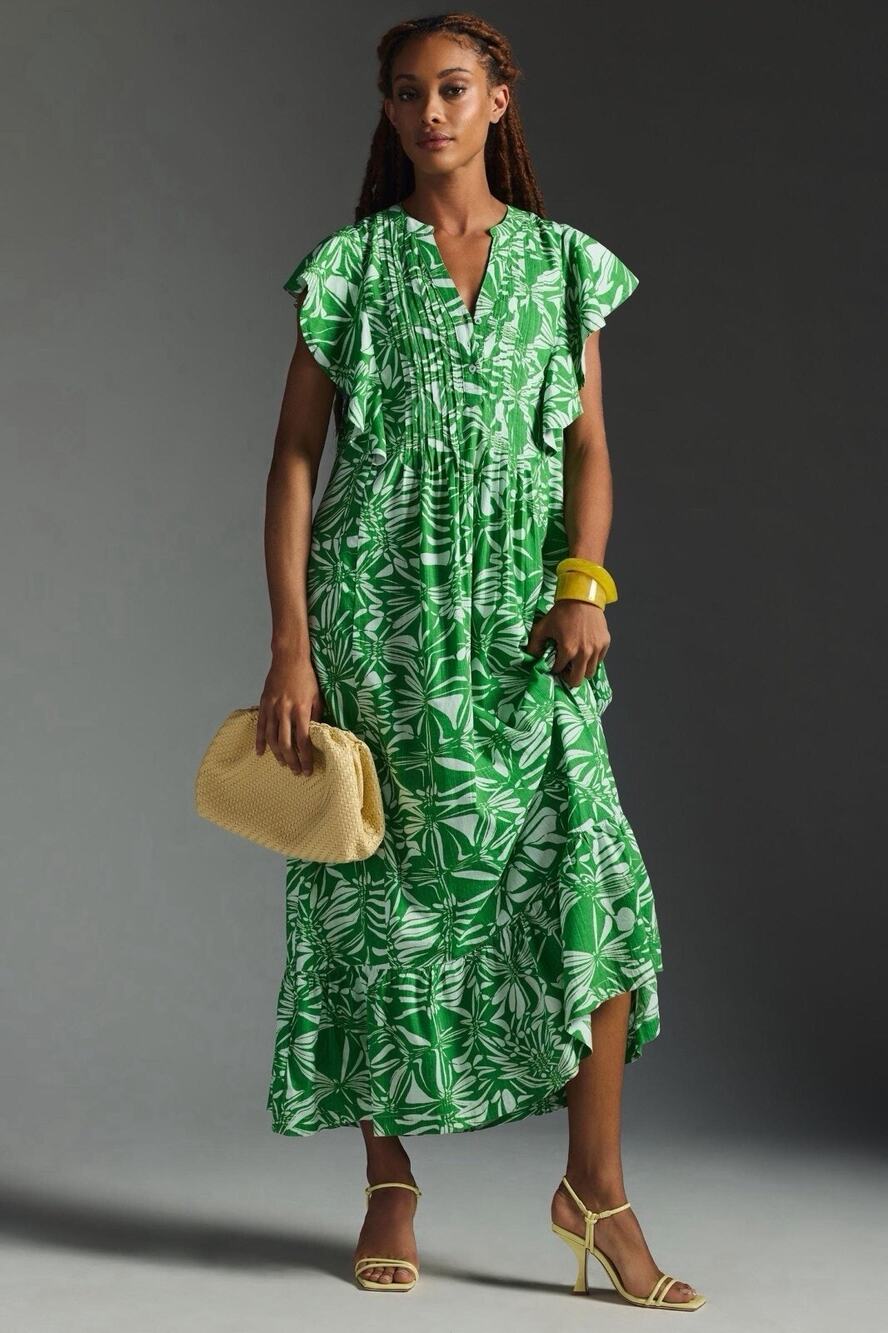Maeve Anthropologie Women’s Cassandra Maxi Dress Green Leaf Print Size Medium